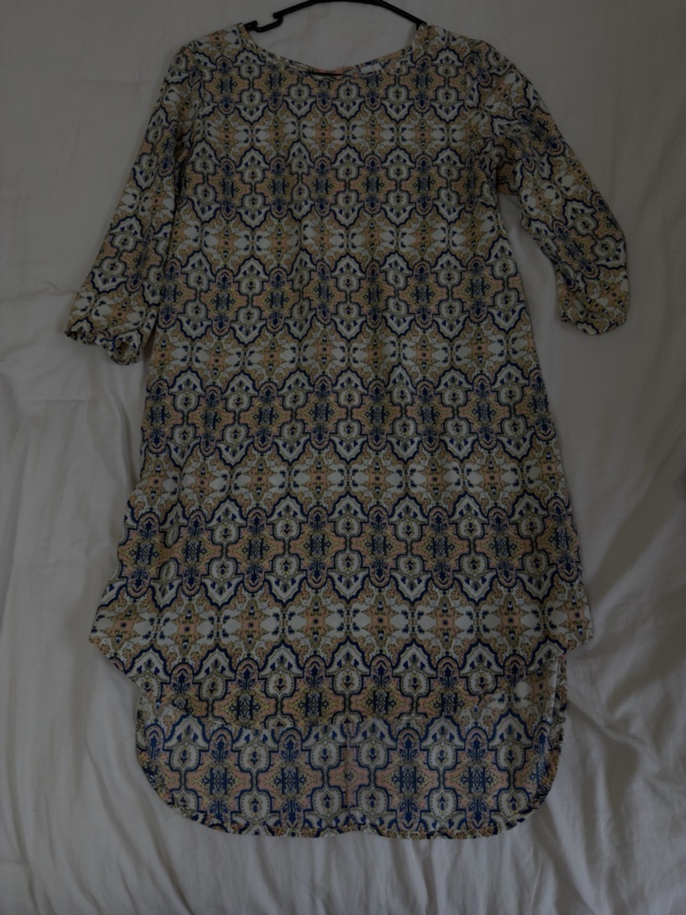 Woven Patterned Shift Dress in Blue and Cream